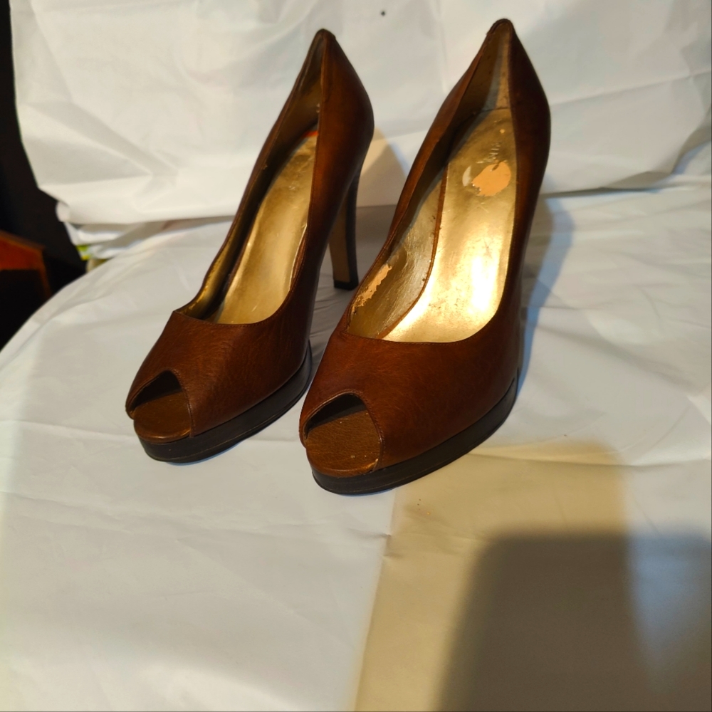 Nine West Brown Leather Peep Toe Heels